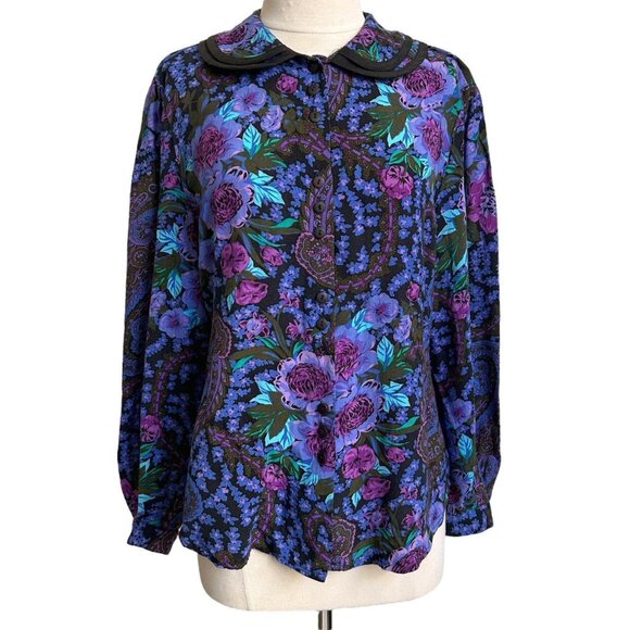 80s vintage floral Peter Pan Collar blouse paisley print puff sleeve button up. - Picture 4 of 7